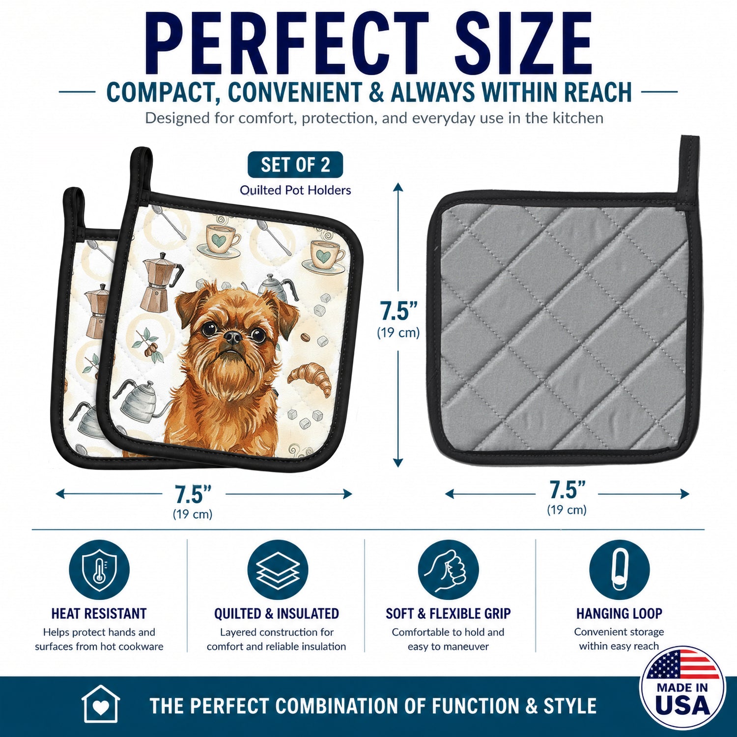 Belge Brussels Griffon Coffee Bar Pot Holder Set of 2 Heat Resistant Quilted Hot Pads 7.5 x 7.5 Inch, Insulated Kitchen Trivets for Cooking & Baking