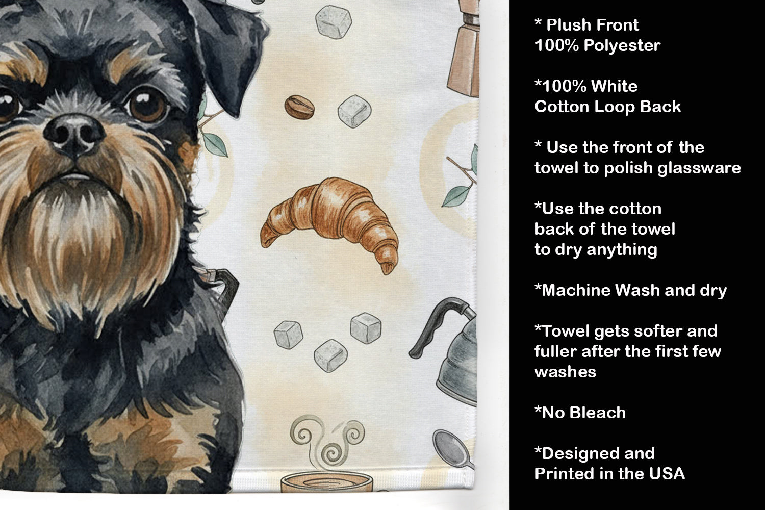 Black and Tan Brussels Griffon Coffee Bar Kitchen Towel Velour Plush Front and Cotton Loop Back Machine Washable