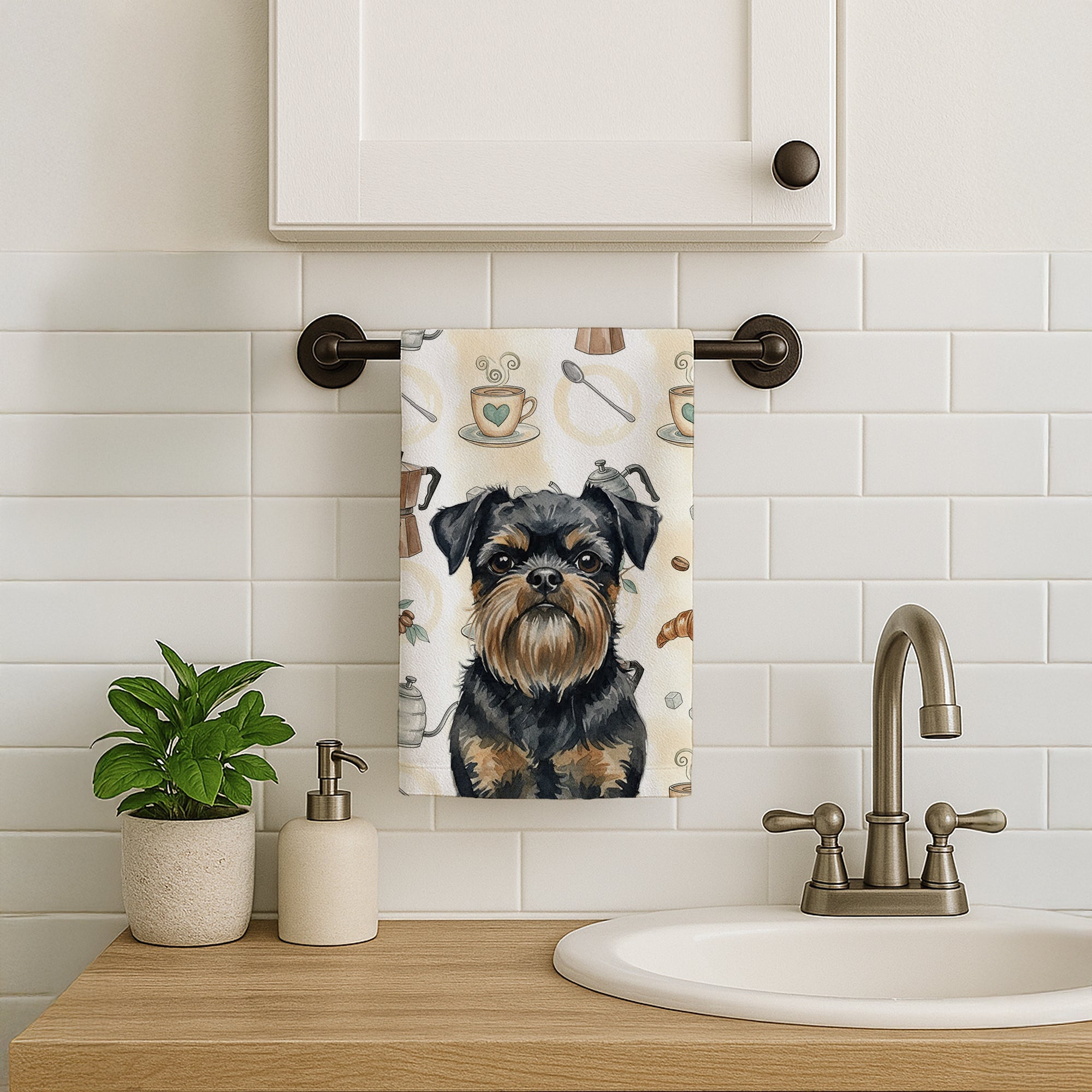 Black and Tan Brussels Griffon Coffee Bar Kitchen Towel Velour Plush Front and Cotton Loop Back Machine Washable