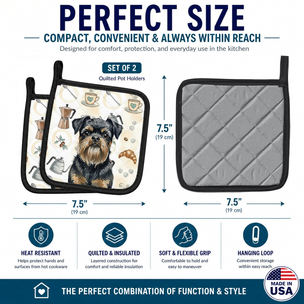 Black and Tan Brussels Griffon Coffee Bar Pot Holder Set of 2 Heat Resistant Quilted Hot Pads 7.5 x 7.5 Inch, Insulated Kitchen Trivets for Cooking & Baking