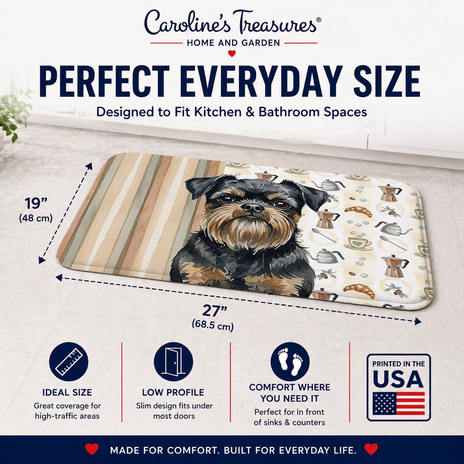 Black and Tan Brussels Griffon Coffee Bar Memory Foam Kitchen Mat Machine Washable Anti-Fatigue Cushion Comfort Bath or Kitchen Rug