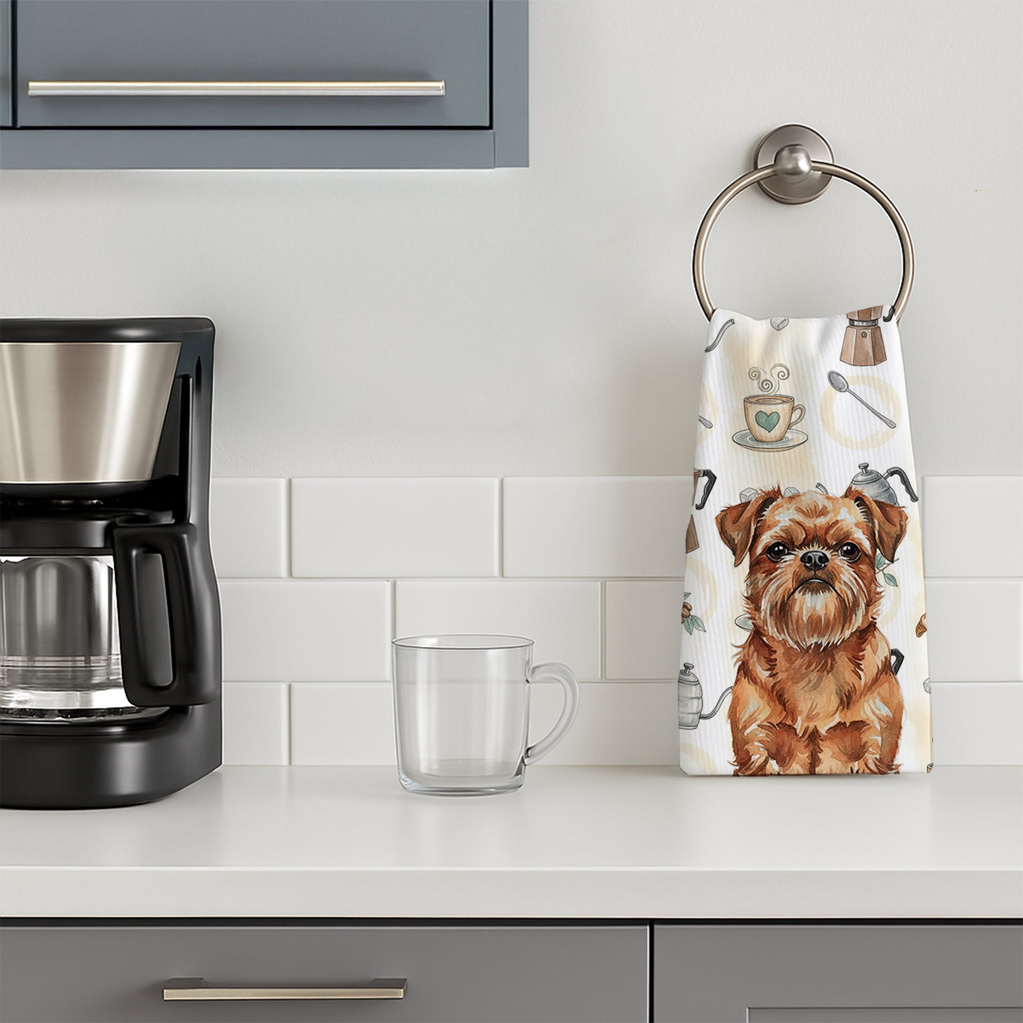 Red Brussels Griffon Coffee Bar Kitchen Towel Velour Plush Front and Cotton Loop Back Machine Washable