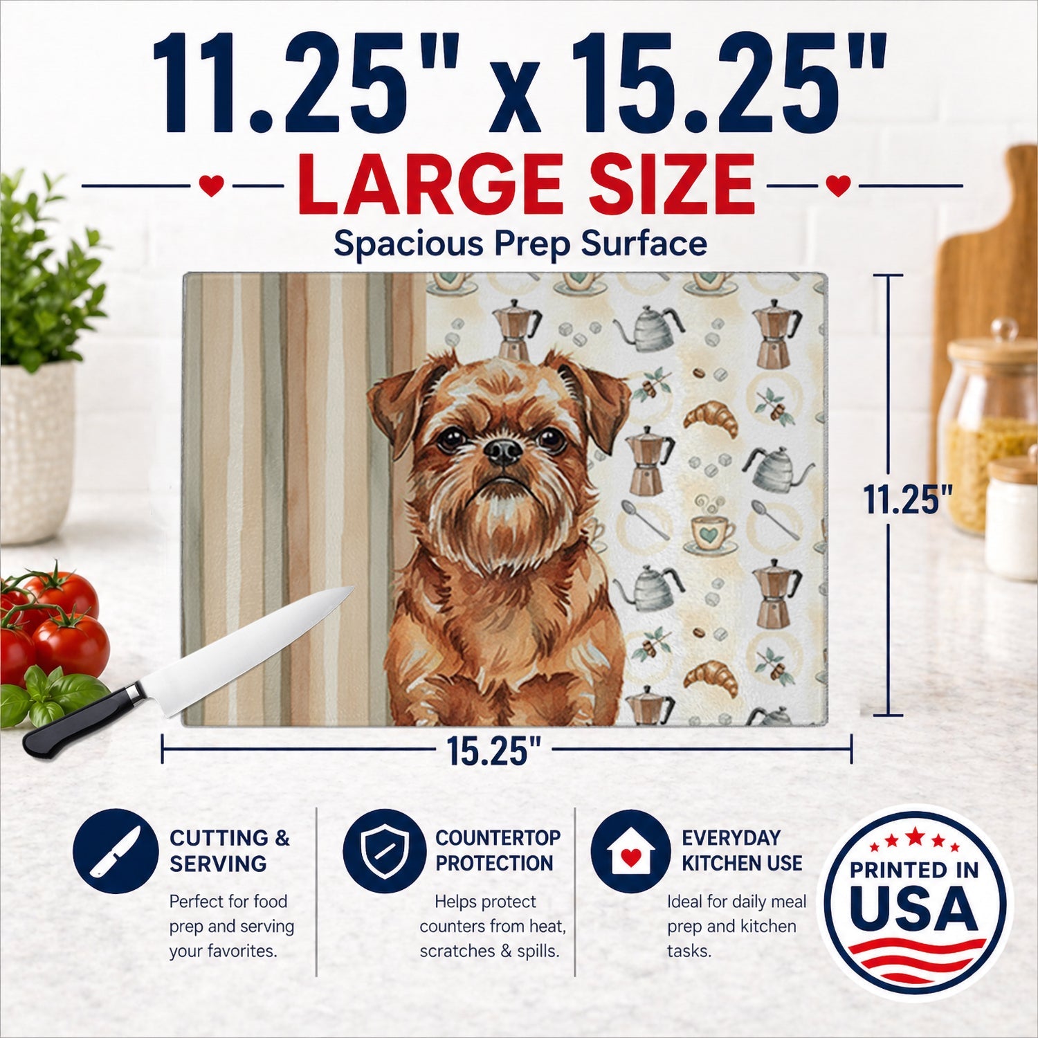 Red Brussels Griffon Coffee Bar Cutting Board Tempered Glass Kitchen Cutting Surface, Heat Resistant Chopping, Non-Slip Feet, Food Prep & Serving