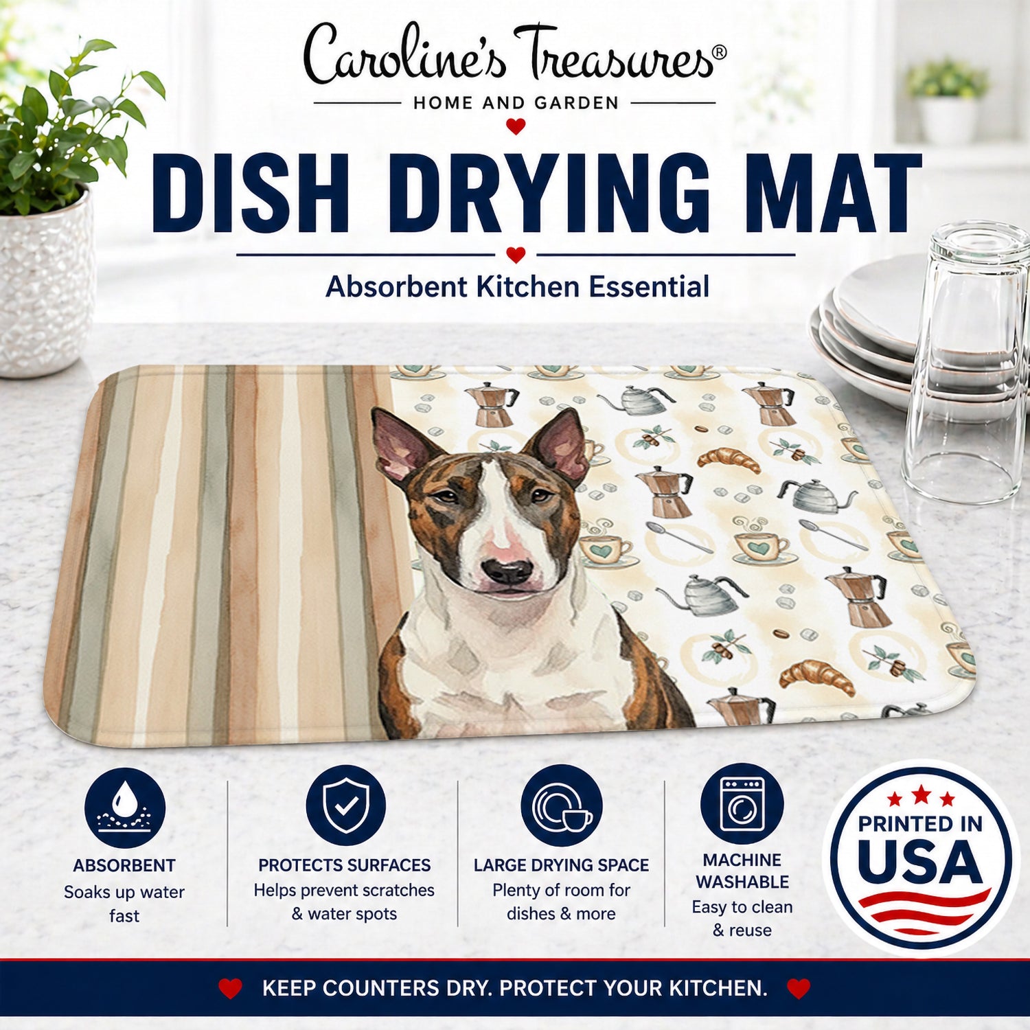 Brindle and White Bull Terrier Coffee Bar Dish Drying Mat Absorbent Dish Drying Mat Pad for Kitchen Counter Dish Drainer Mat for Countertop, 14 x 21", Multicolor