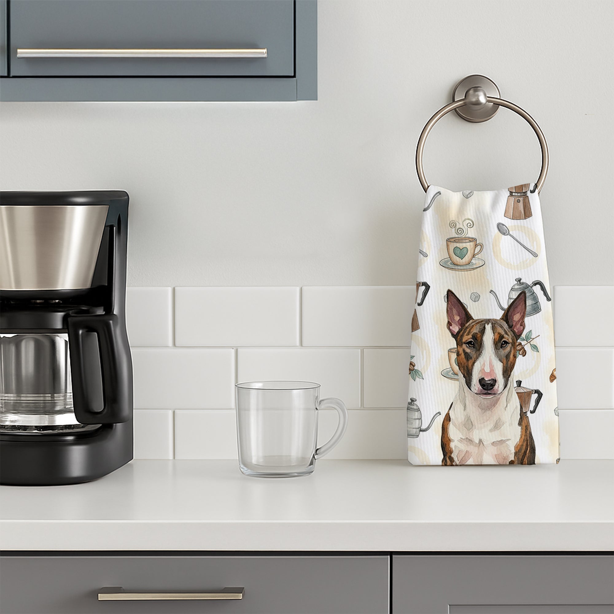 Brindle and White Bull Terrier Coffee Bar Kitchen Towel Velour Plush Front and Cotton Loop Back Machine Washable