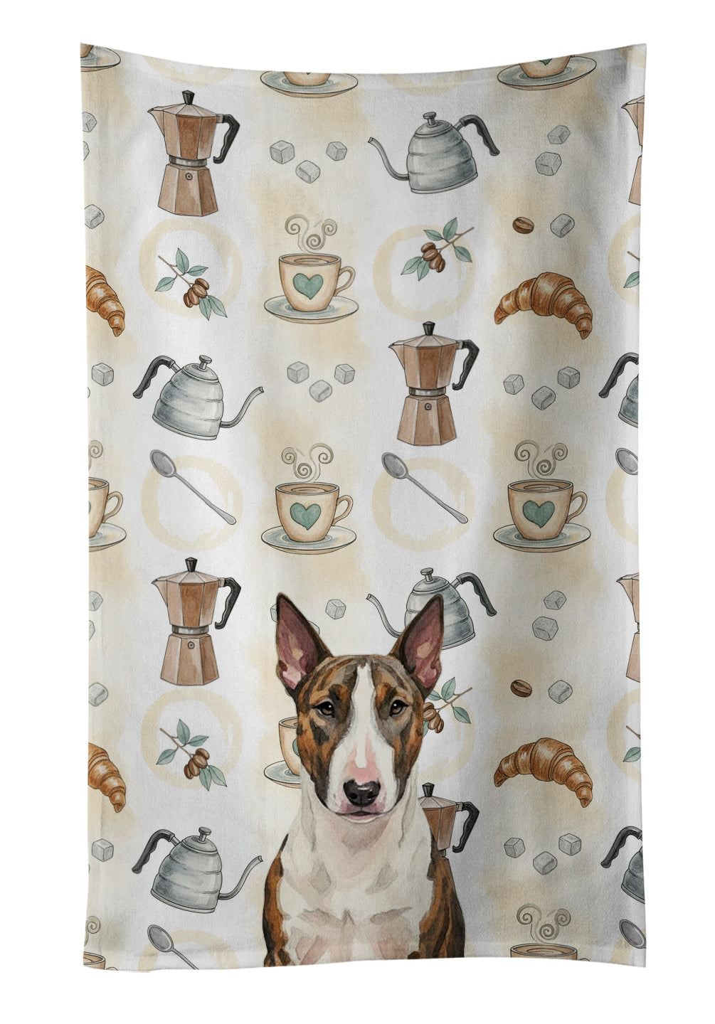 Brindle and White Bull Terrier Coffee Bar Kitchen Towel Velour Plush Front and Cotton Loop Back Machine Washable