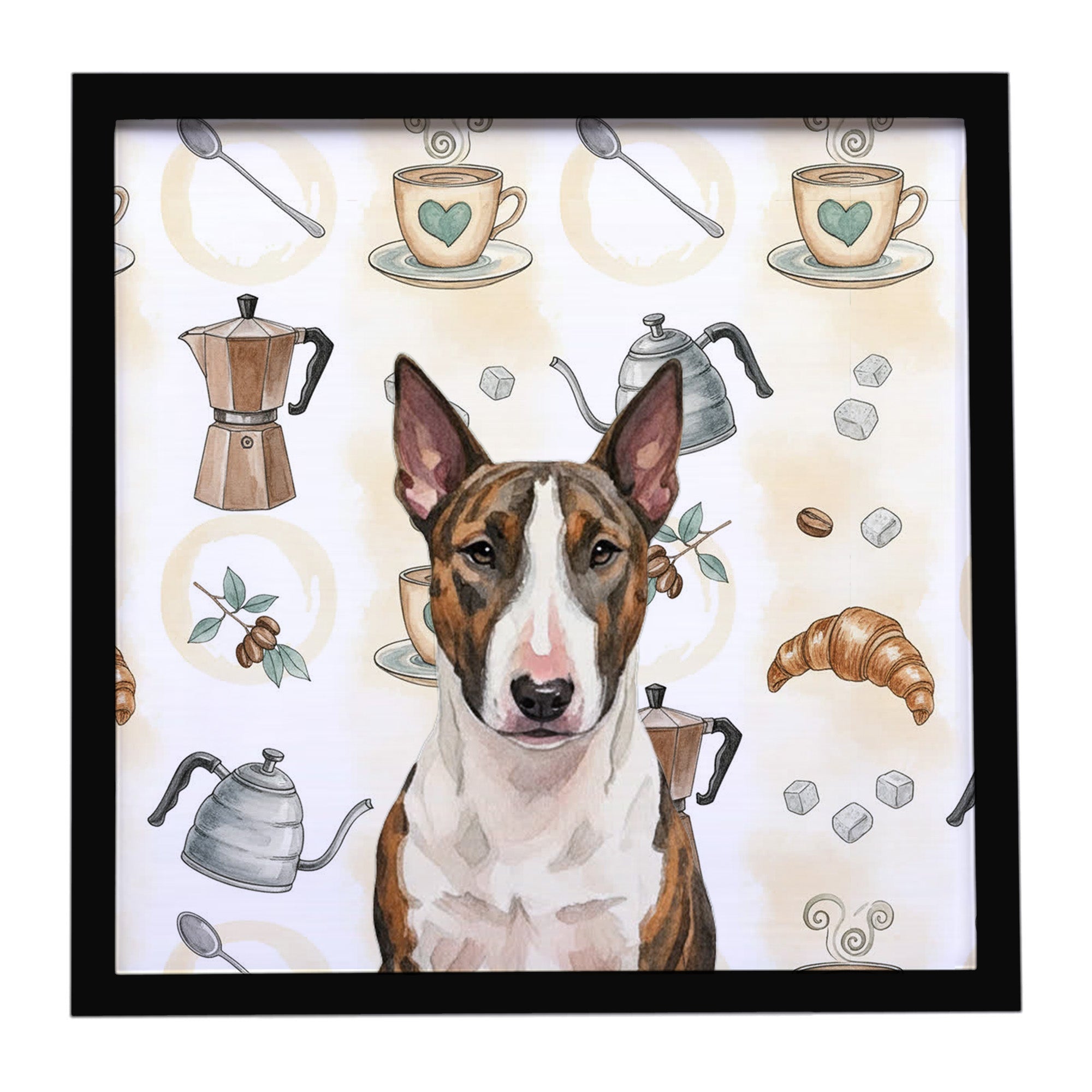 Brindle and White Bull Terrier Coffee Bar Framed Metal Print Bathroom, Kitchen, Office, Home Decor Wall Art Ready to Hang, Square, 8X8