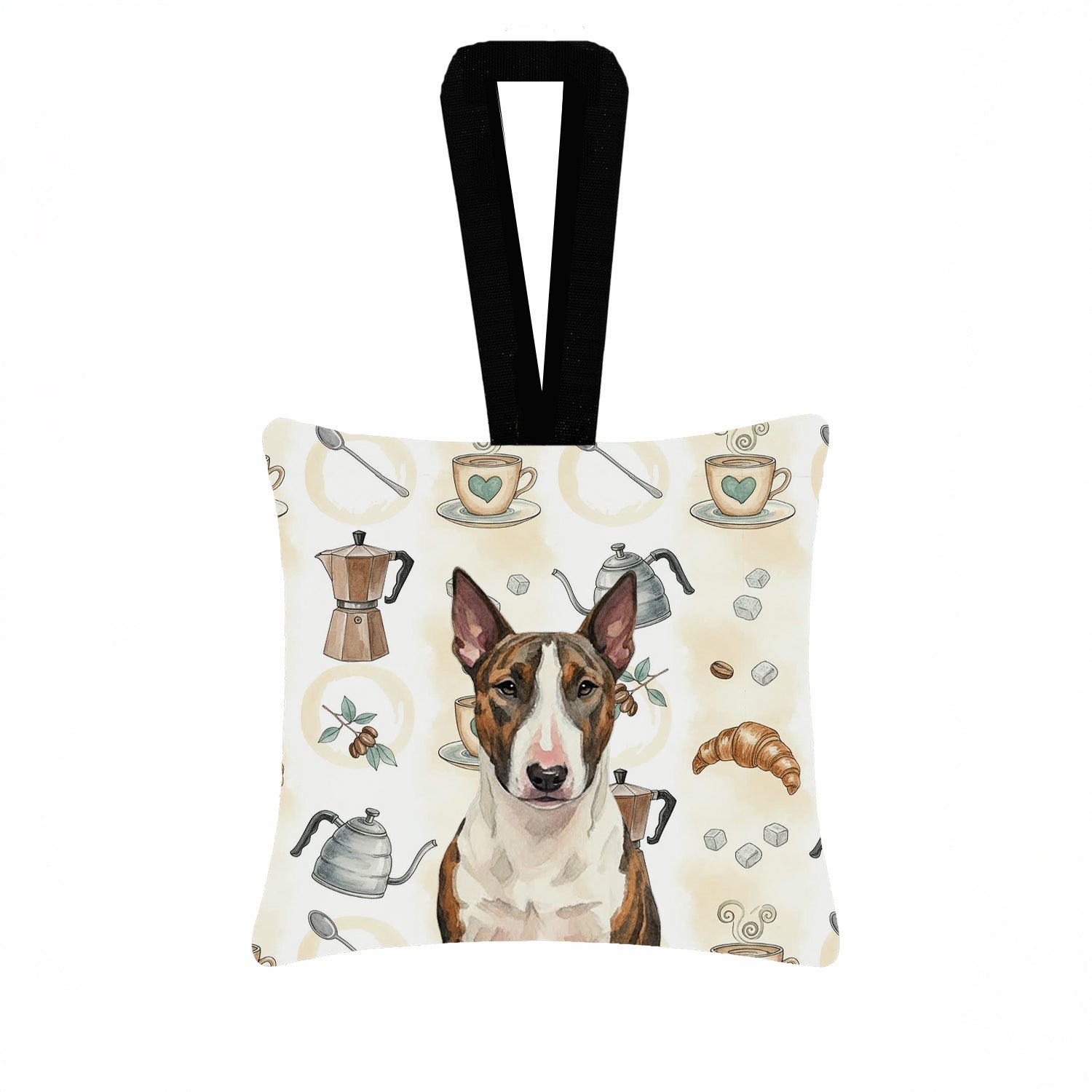 Brindle and White Bull Terrier Coffee Bar Hanging Square Fabric Ornament 3.5 � 3.5 Decorative Door-Knob & Tree Hanger, Soft Fabric