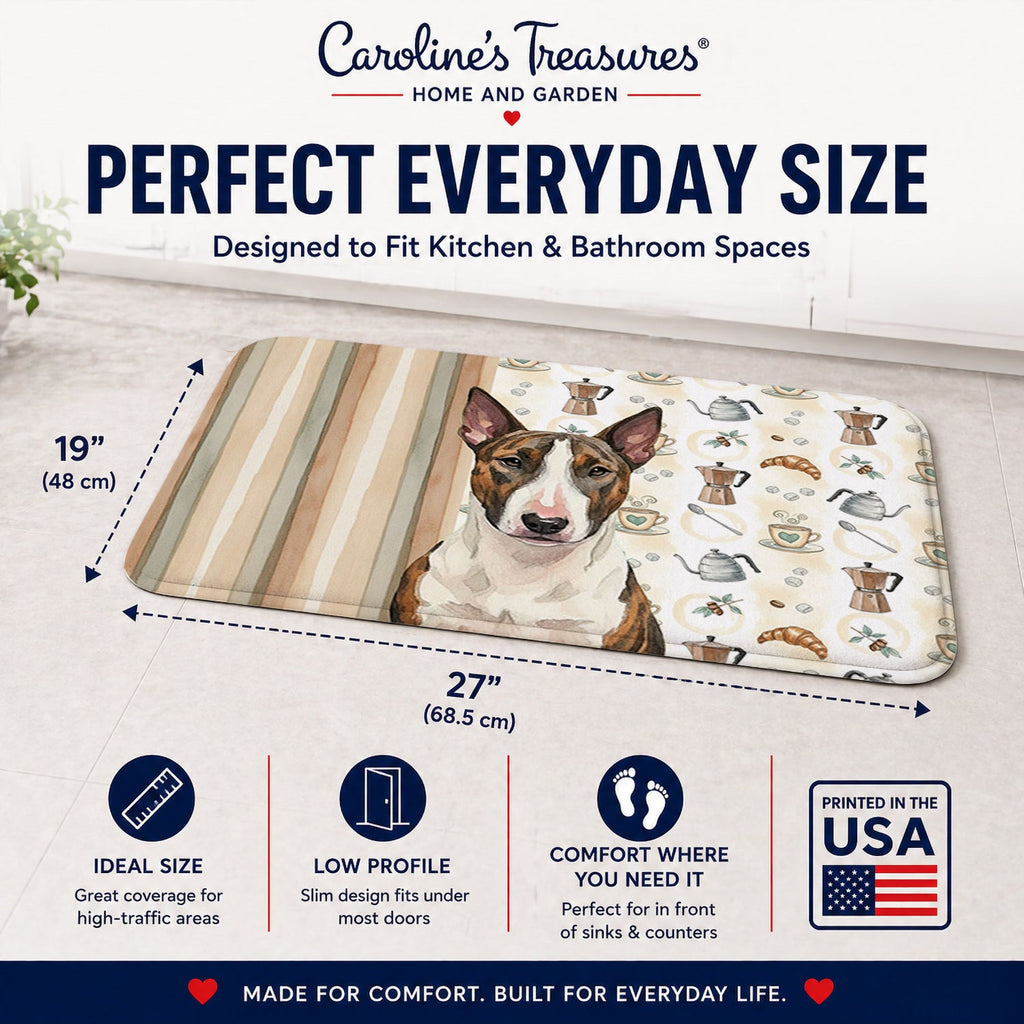 Brindle and White Bull Terrier Coffee Bar Memory Foam Kitchen Mat Machine Washable Anti-Fatigue Cushion Comfort Bath or Kitchen Rug