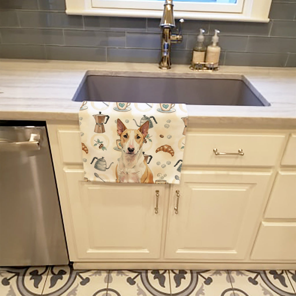 Fawn and White Bull Terrier Coffee Bar Kitchen Towel Velour Plush Front and Cotton Loop Back Machine Washable