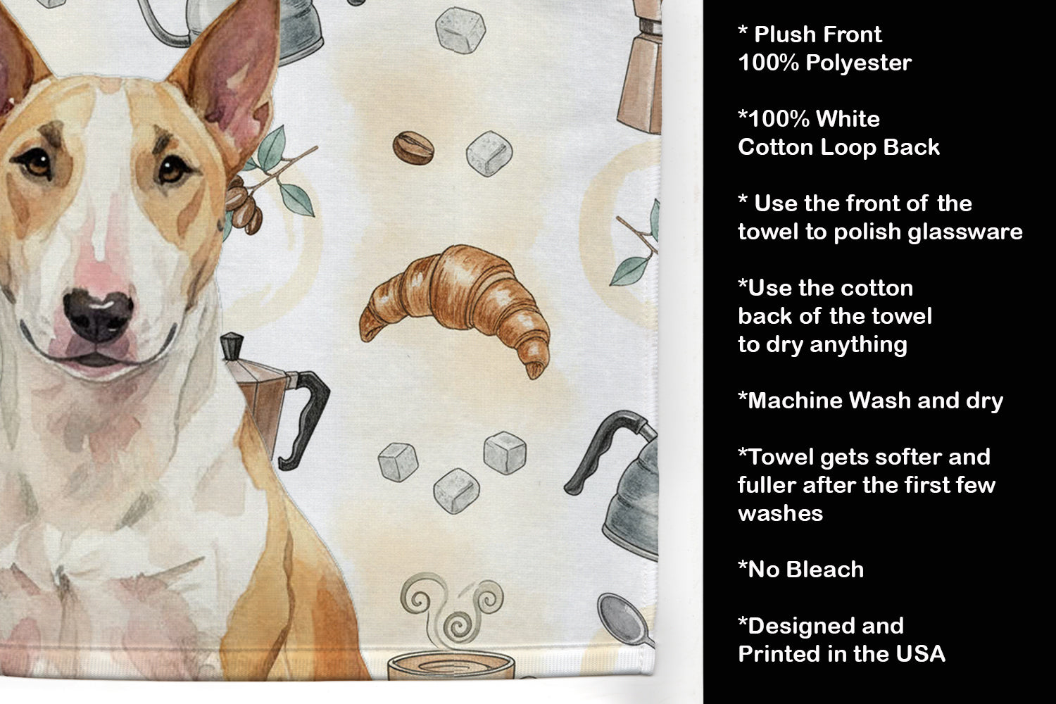 Fawn and White Bull Terrier Coffee Bar Kitchen Towel Velour Plush Front and Cotton Loop Back Machine Washable