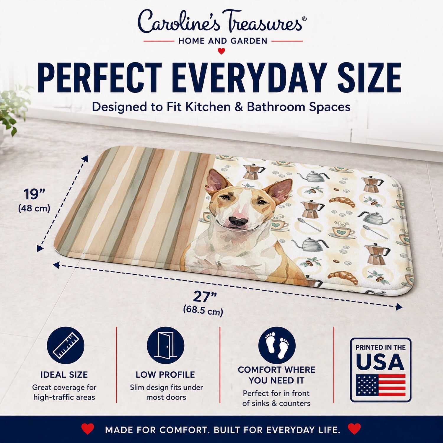 Fawn and White Bull Terrier Coffee Bar Memory Foam Kitchen Mat Machine Washable Anti-Fatigue Cushion Comfort Bath or Kitchen Rug