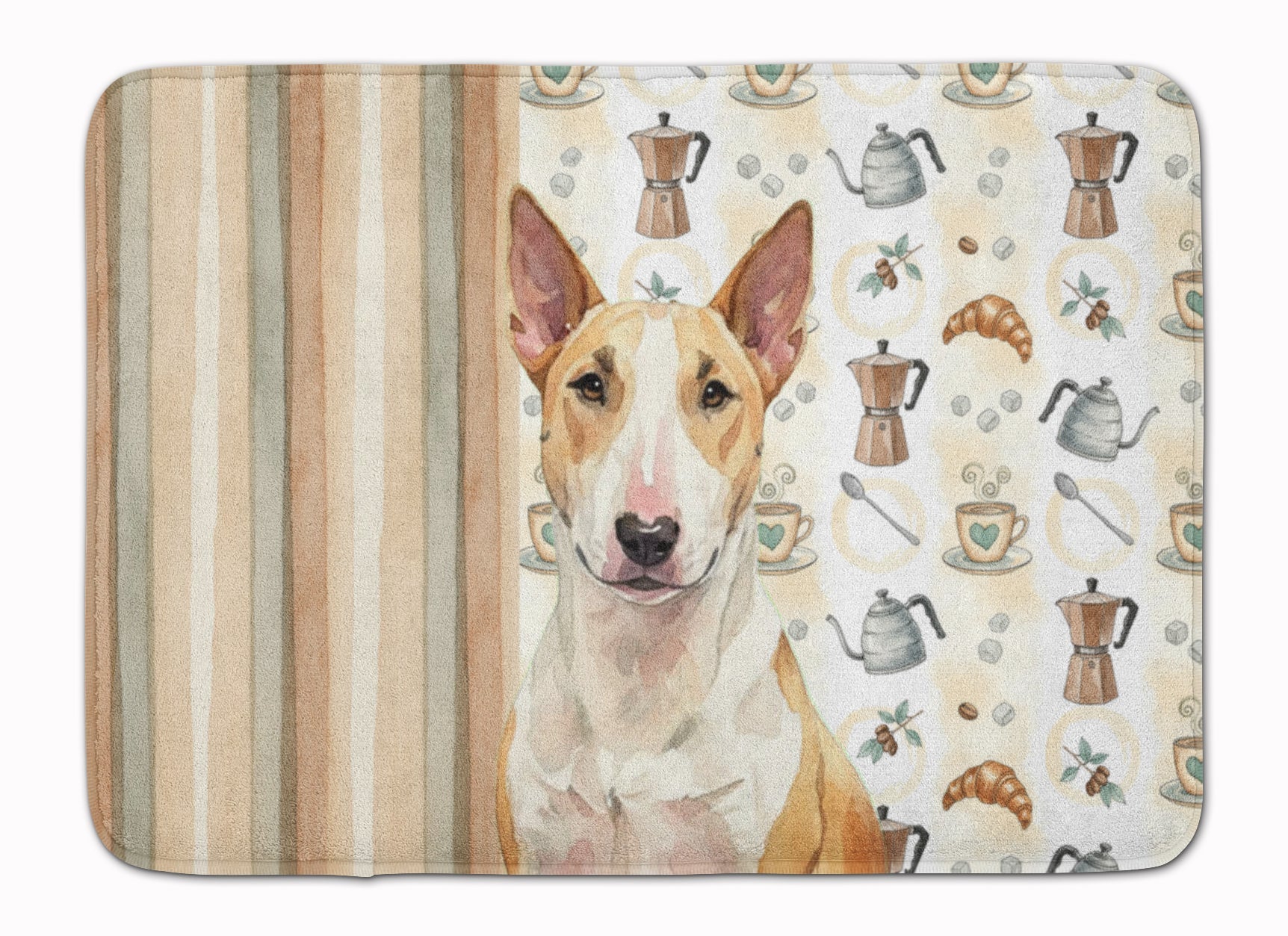 Fawn and White Bull Terrier Coffee Bar Memory Foam Kitchen Mat Machine Washable Anti-Fatigue Cushion Comfort Bath or Kitchen Rug