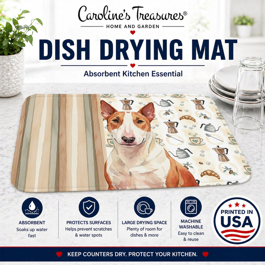Red and White Bull Terrier Coffee Bar Dish Drying Mat Absorbent Dish Drying Mat Pad for Kitchen Counter Dish Drainer Mat for Countertop, 14 x 21", Multicolor