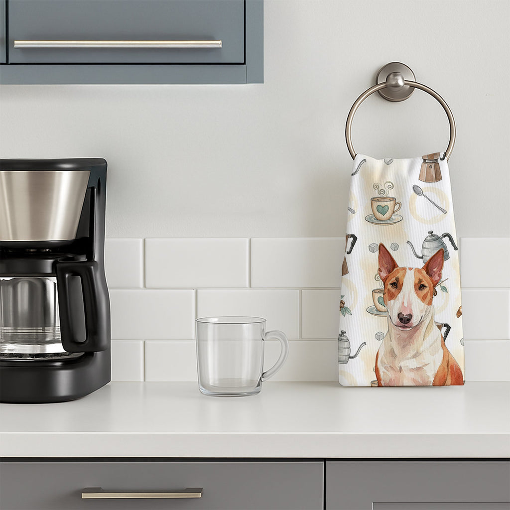 Red and White Bull Terrier Coffee Bar Kitchen Towel Velour Plush Front and Cotton Loop Back Machine Washable