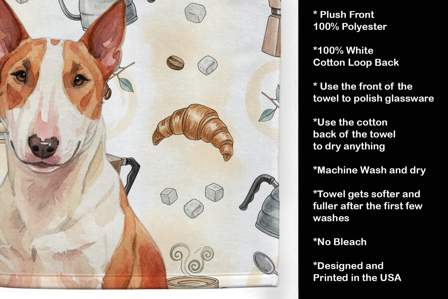 Red and White Bull Terrier Coffee Bar Kitchen Towel Velour Plush Front and Cotton Loop Back Machine Washable