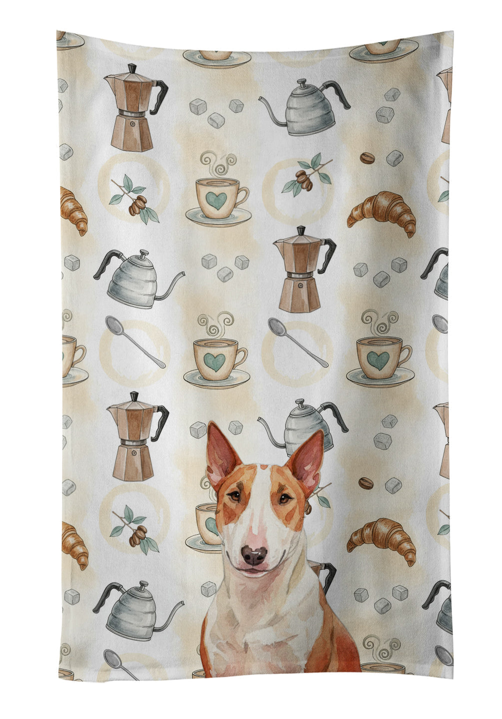 Red and White Bull Terrier Coffee Bar Kitchen Towel Velour Plush Front and Cotton Loop Back Machine Washable