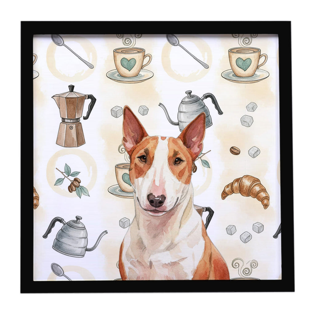 Red and White Bull Terrier Coffee Bar Framed Metal Print Bathroom, Kitchen, Office, Home Decor Wall Art Ready to Hang, Square, 8X8