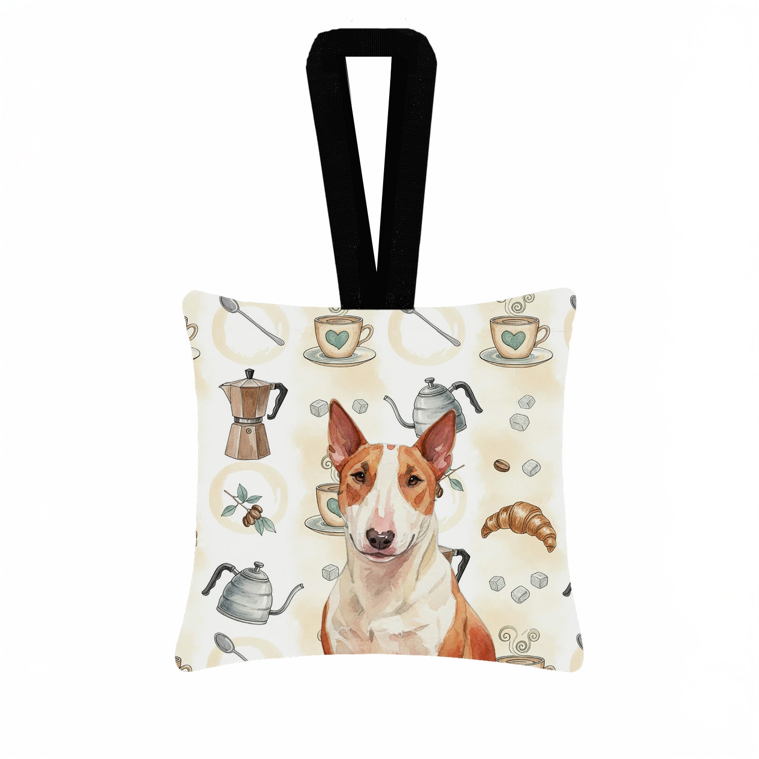 Red and White Bull Terrier Coffee Bar Hanging Square Fabric Ornament 3.5 � 3.5 Decorative Door-Knob & Tree Hanger, Soft Fabric