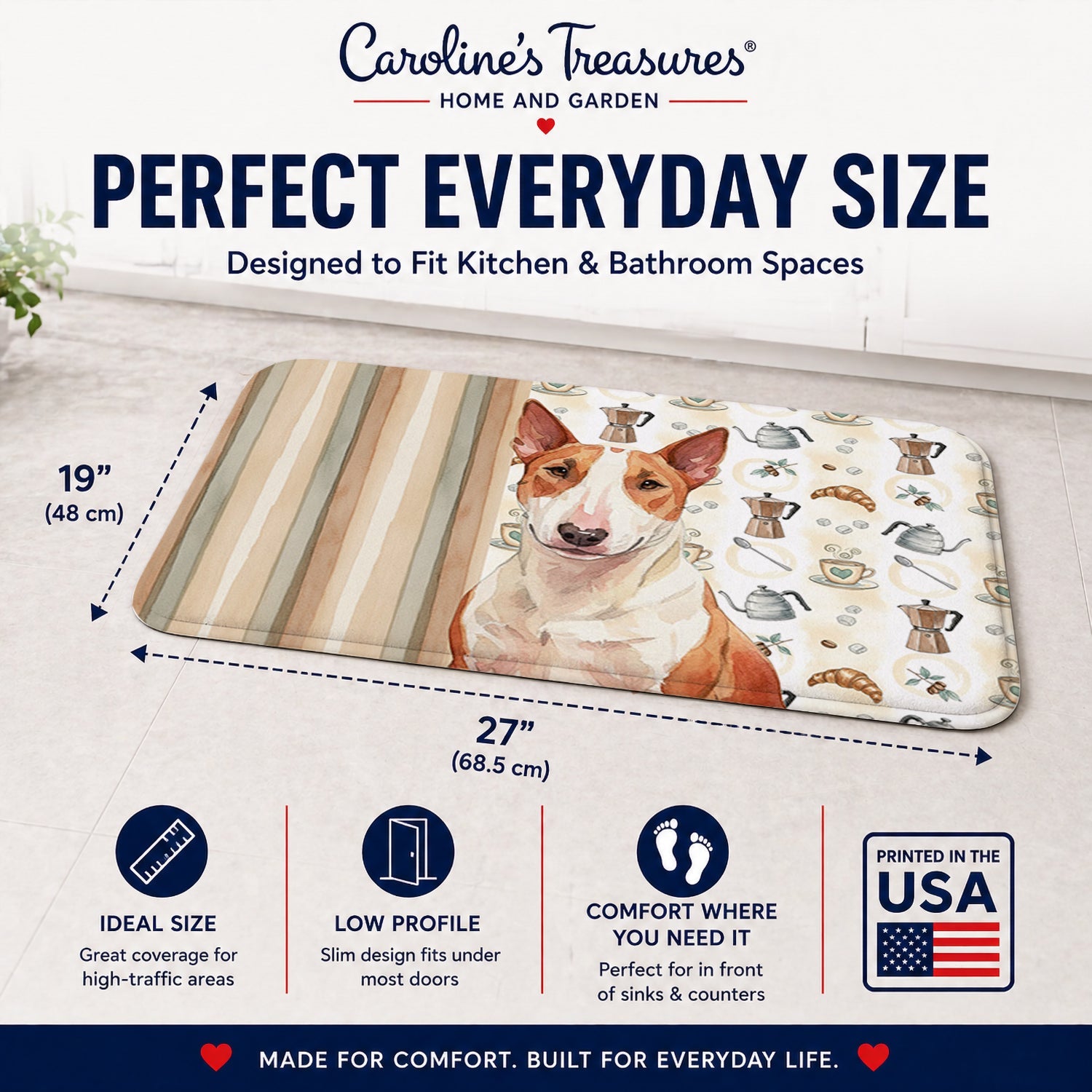 Red and White Bull Terrier Coffee Bar Memory Foam Kitchen Mat Machine Washable Anti-Fatigue Cushion Comfort Bath or Kitchen Rug