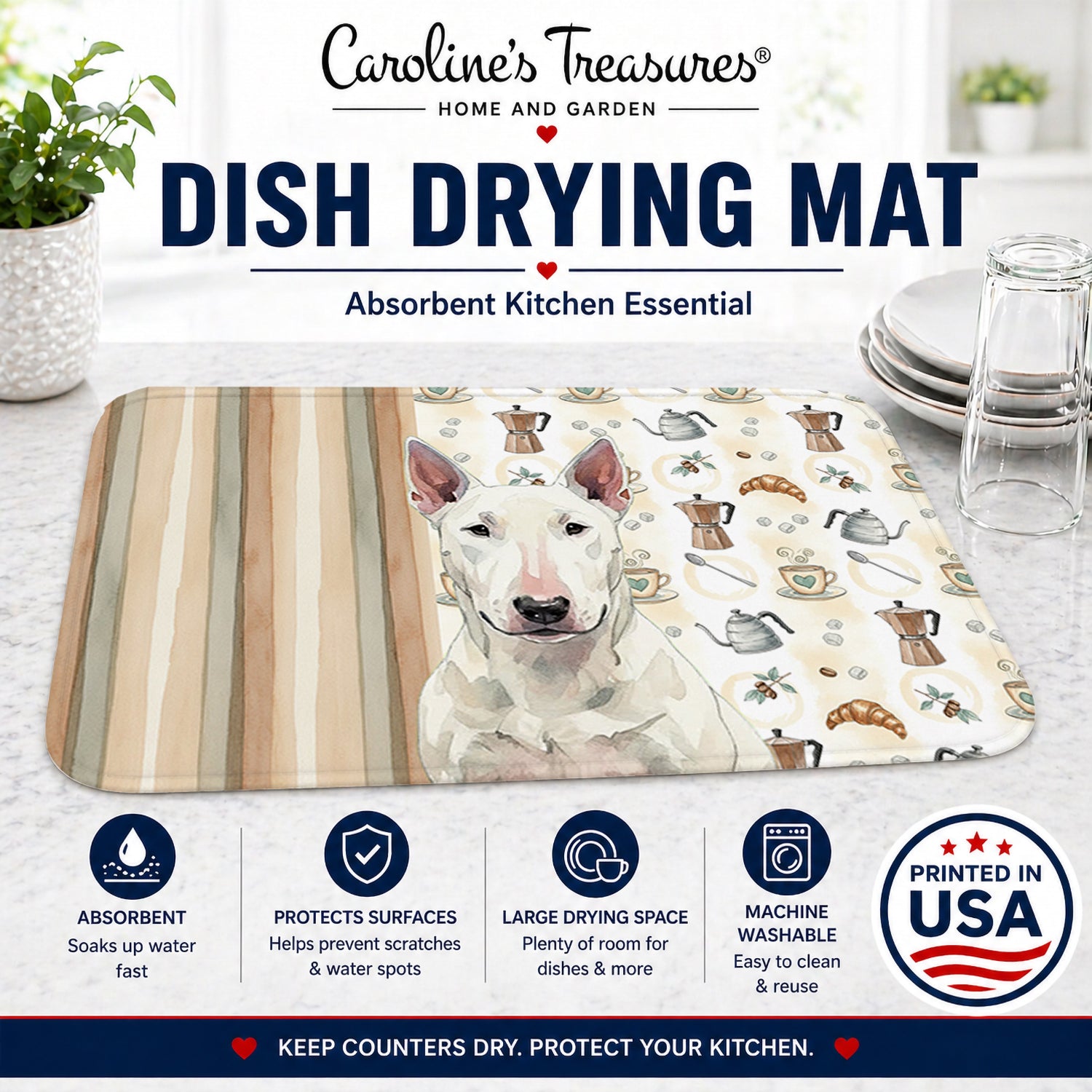 White Bull Terrier Coffee Bar Dish Drying Mat Absorbent Dish Drying Mat Pad for Kitchen Counter Dish Drainer Mat for Countertop, 14 x 21", Multicolor