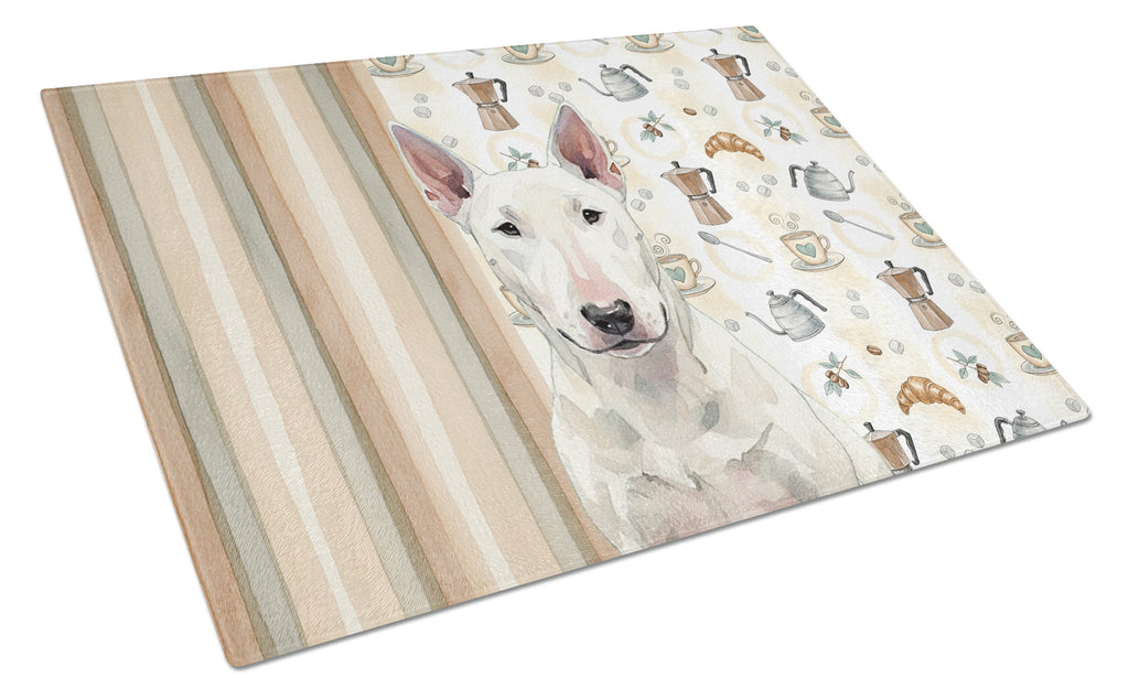 White Bull Terrier Coffee Bar Cutting Board Tempered Glass Kitchen Cutting Surface, Heat Resistant Chopping, Non-Slip Feet, Food Prep & Serving