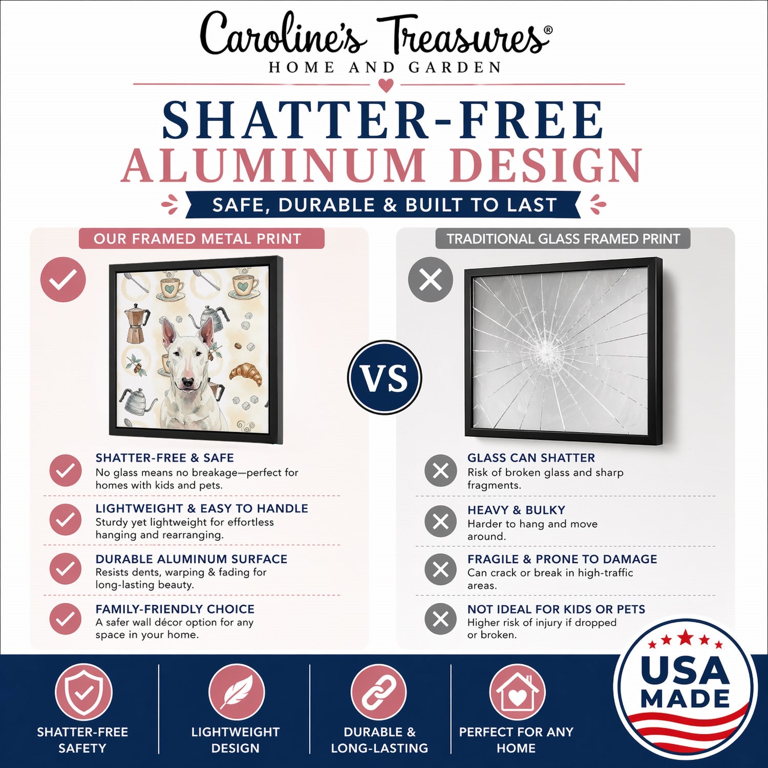 White Bull Terrier Coffee Bar Framed Metal Print Bathroom, Kitchen, Office, Home Decor Wall Art Ready to Hang, Square, 8X8