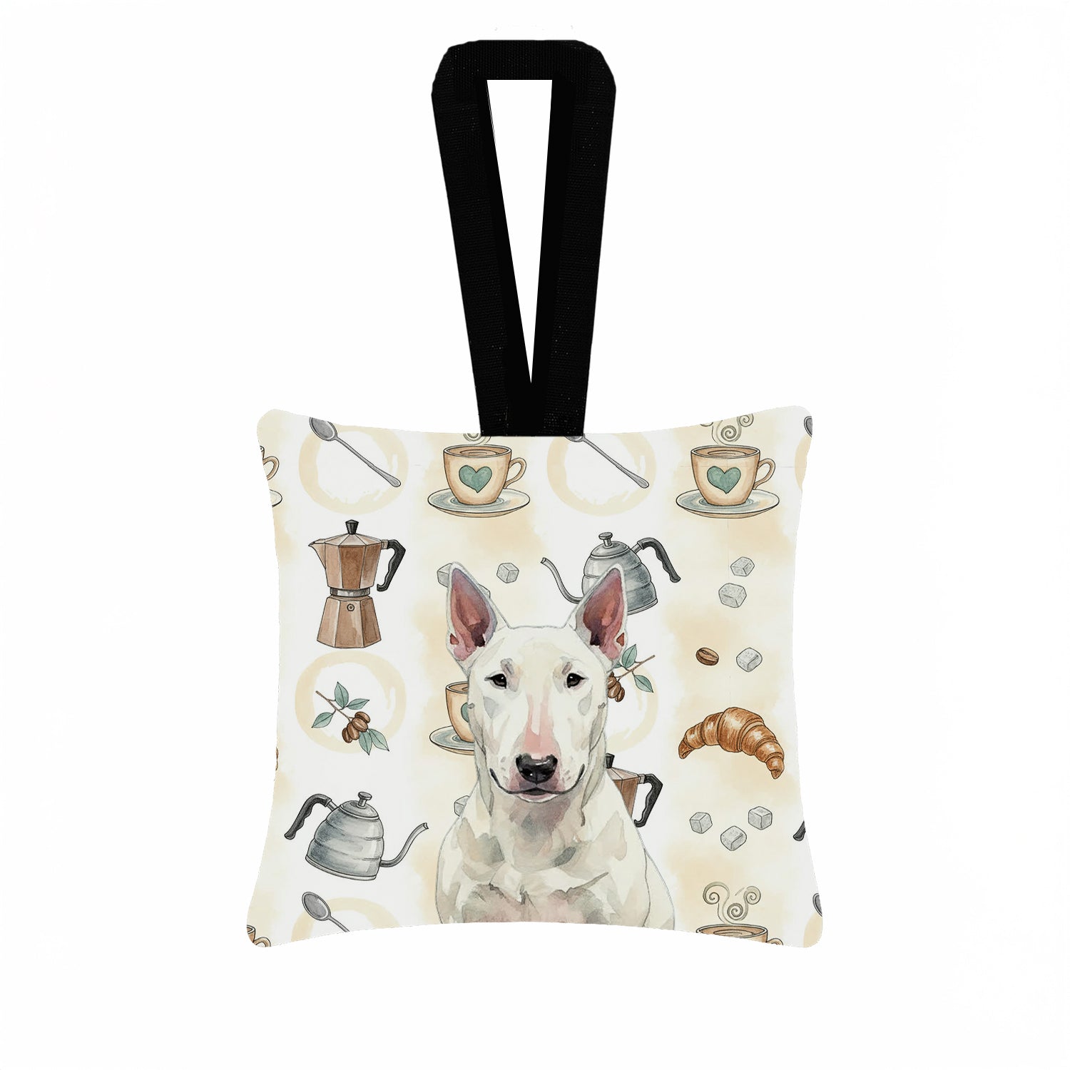 White Bull Terrier Coffee Bar Hanging Square Fabric Ornament 3.5 � 3.5 Decorative Door-Knob & Tree Hanger, Soft Fabric