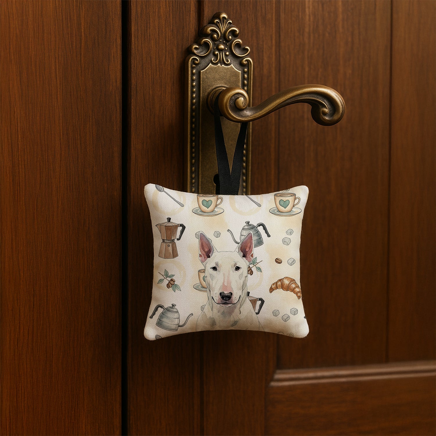 White Bull Terrier Coffee Bar Hanging Square Fabric Ornament 3.5 � 3.5 Decorative Door-Knob & Tree Hanger, Soft Fabric