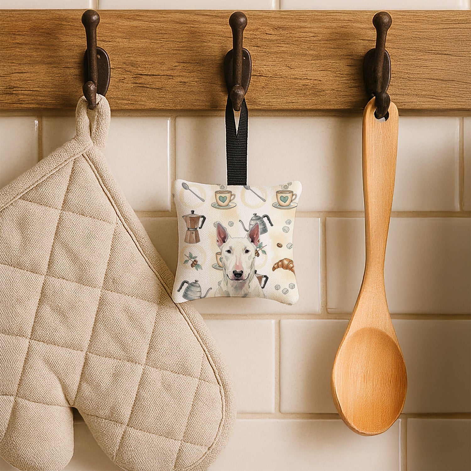White Bull Terrier Coffee Bar Hanging Square Fabric Ornament 3.5 � 3.5 Decorative Door-Knob & Tree Hanger, Soft Fabric