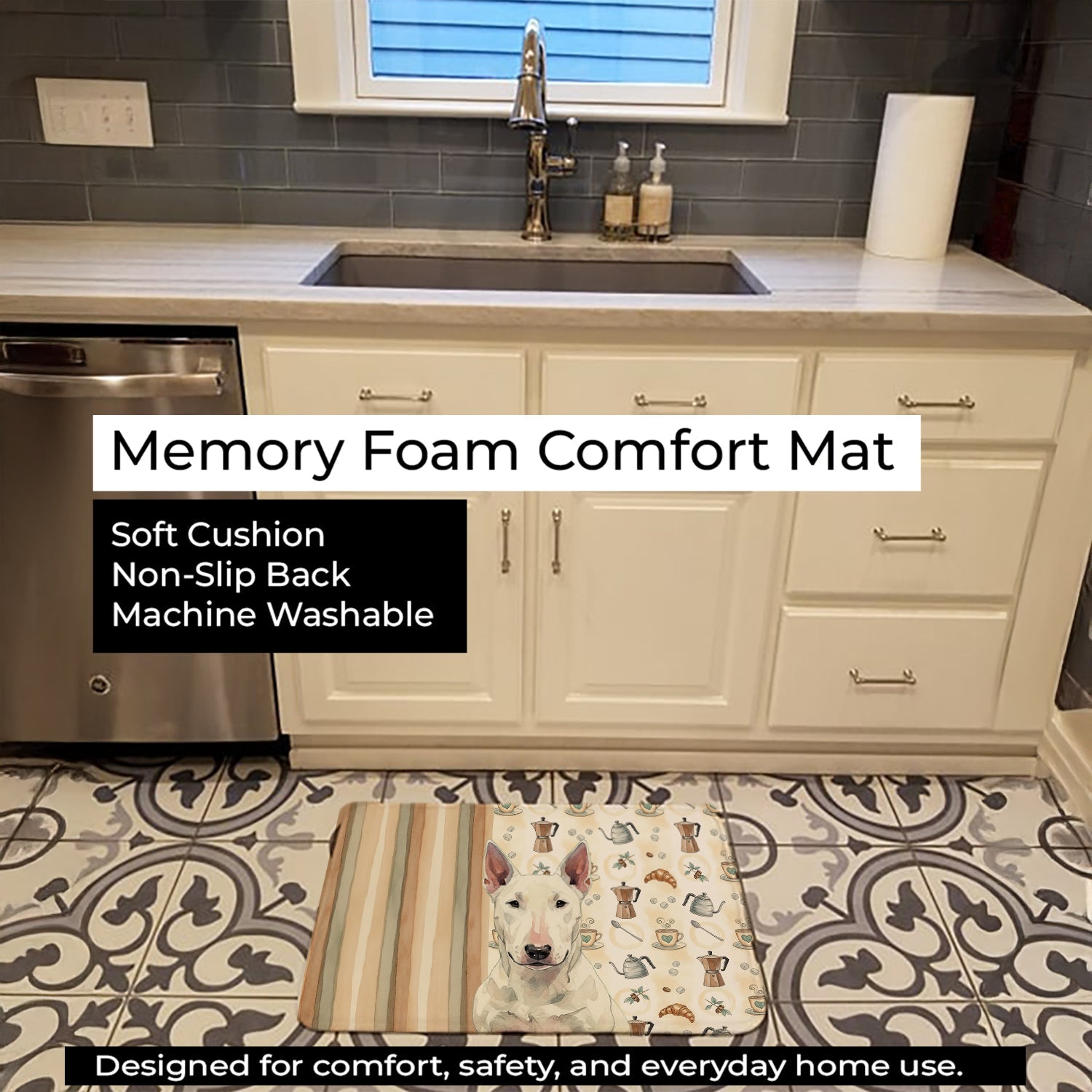 White Bull Terrier Coffee Bar Memory Foam Kitchen Mat Machine Washable Anti-Fatigue Cushion Comfort Bath or Kitchen Rug