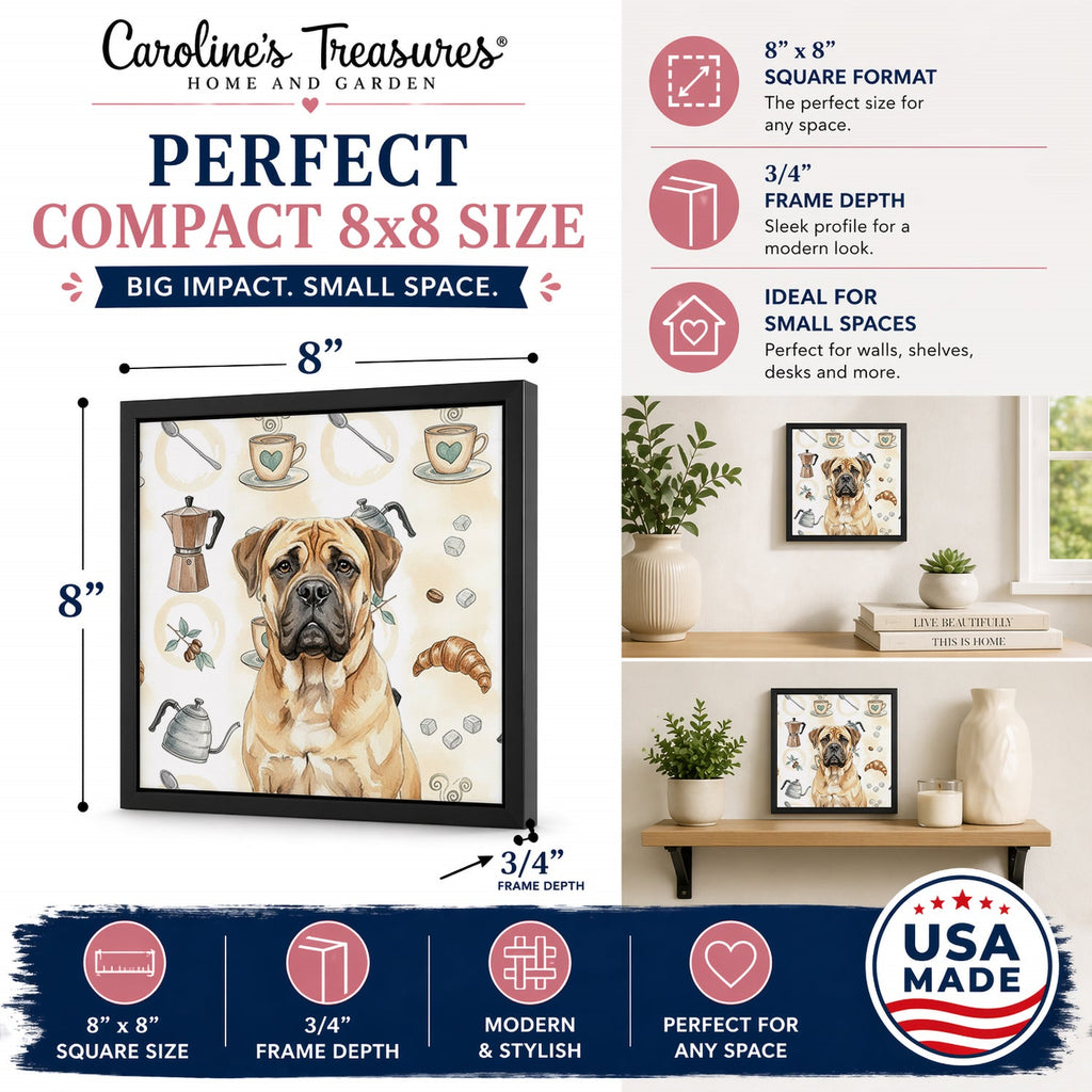 Bullmastiff Coffee Bar Framed Metal Print Bathroom, Kitchen, Office, Home Decor Wall Art Ready to Hang, Square, 8X8