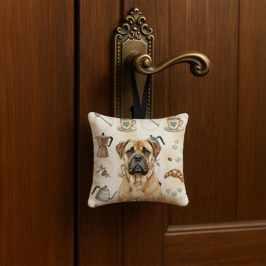 Bullmastiff Coffee Bar Hanging Square Fabric Ornament 3.5 � 3.5 Decorative Door-Knob & Tree Hanger, Soft Fabric