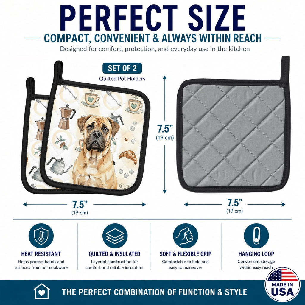Bullmastiff Coffee Bar Pot Holder Set of 2 Heat Resistant Quilted Hot Pads 7.5 x 7.5 Inch, Insulated Kitchen Trivets for Cooking & Baking