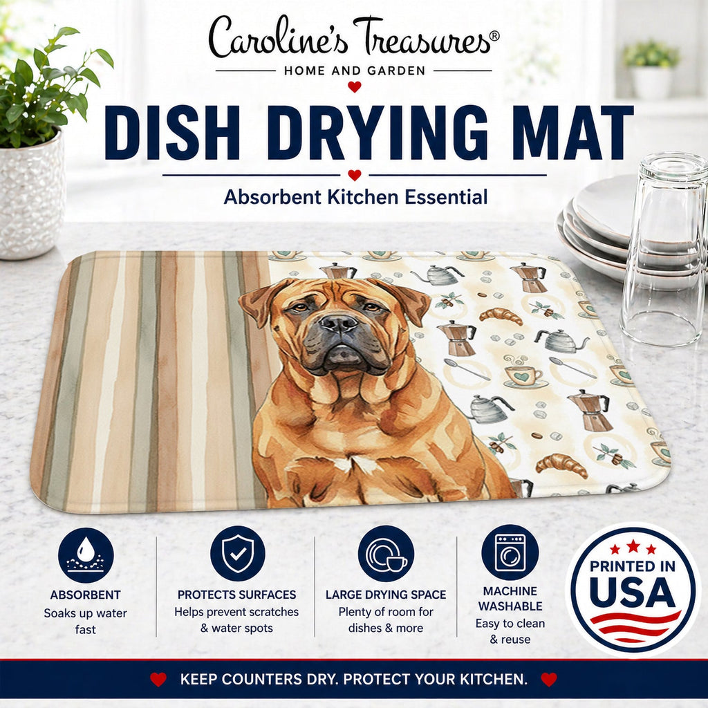 Red Bullmastiff Coffee Bar Dish Drying Mat Absorbent Dish Drying Mat Pad for Kitchen Counter Dish Drainer Mat for Countertop, 14 x 21", Multicolor