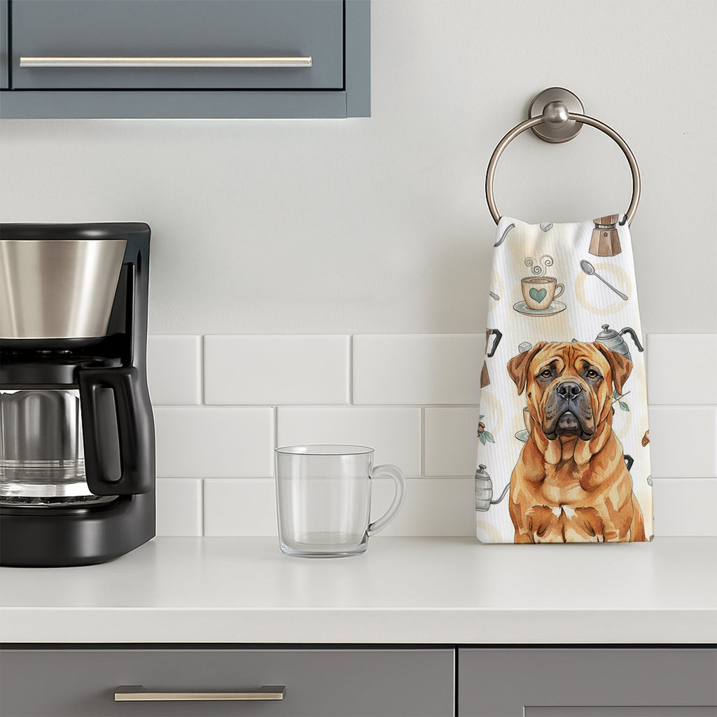 Red Bullmastiff Coffee Bar Kitchen Towel Velour Plush Front and Cotton Loop Back Machine Washable