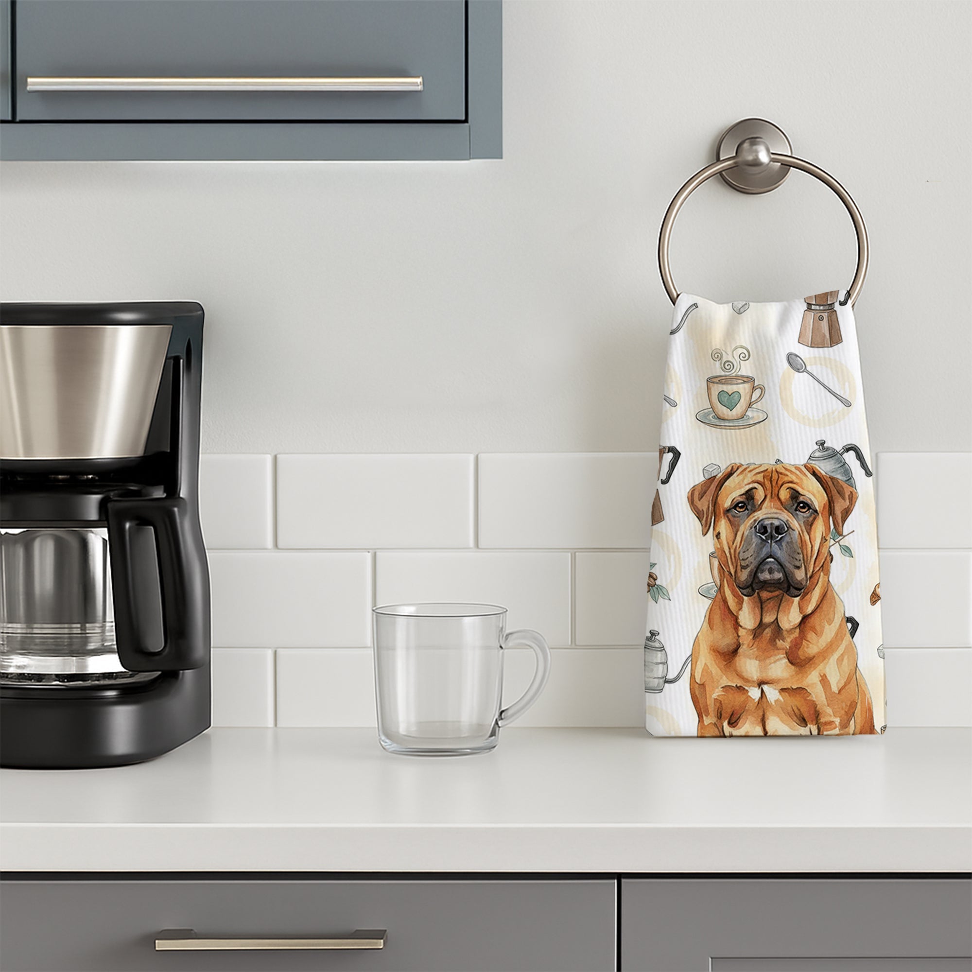 Red Bullmastiff Coffee Bar Kitchen Towel Velour Plush Front and Cotton Loop Back Machine Washable