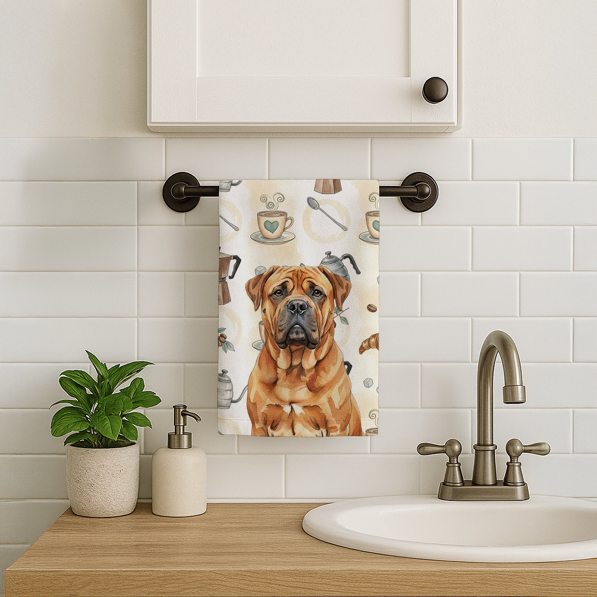 Red Bullmastiff Coffee Bar Kitchen Towel Velour Plush Front and Cotton Loop Back Machine Washable