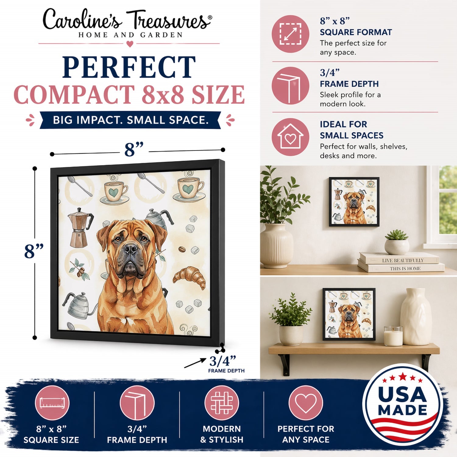 Red Bullmastiff Coffee Bar Framed Metal Print Bathroom, Kitchen, Office, Home Decor Wall Art Ready to Hang, Square, 8X8