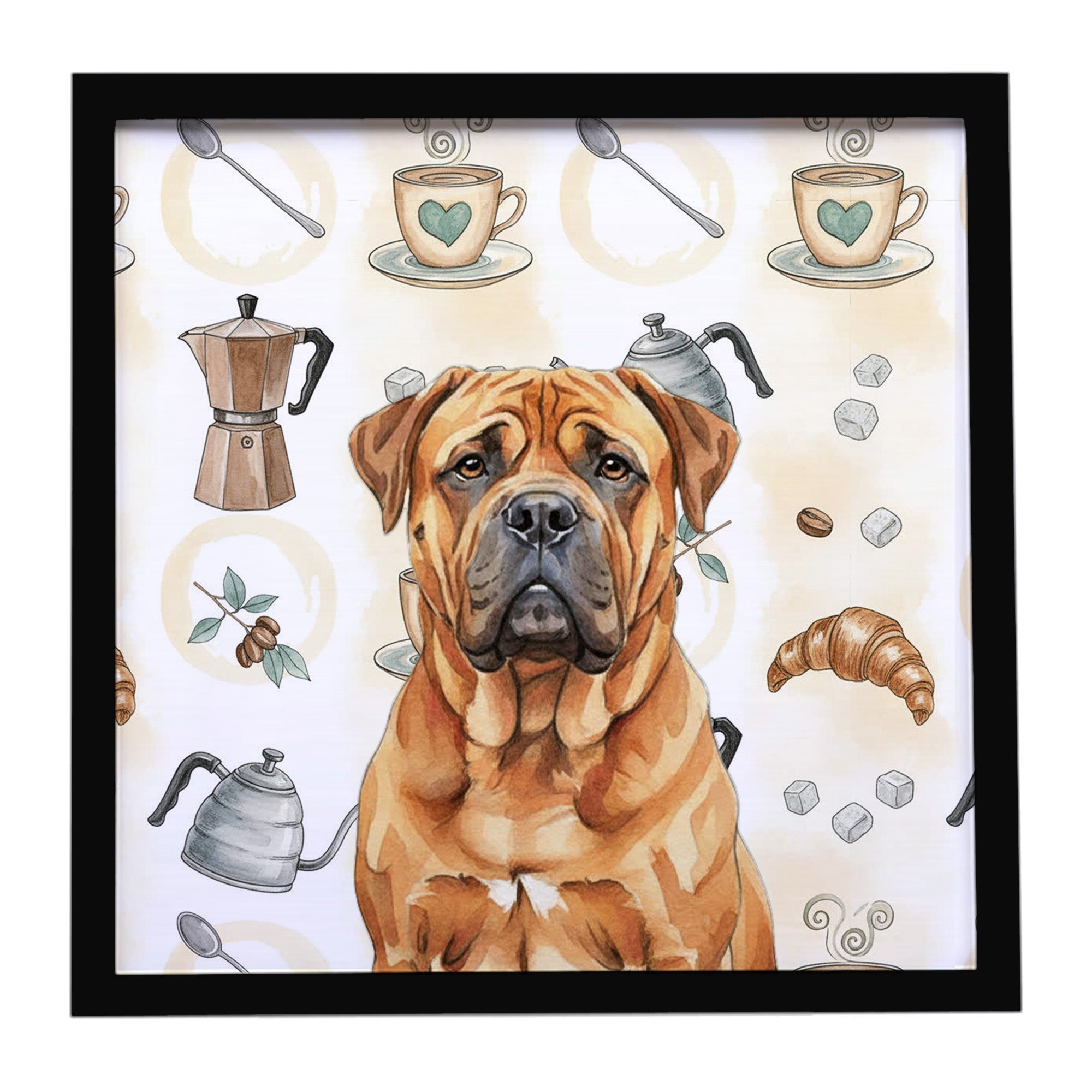 Red Bullmastiff Coffee Bar Framed Metal Print Bathroom, Kitchen, Office, Home Decor Wall Art Ready to Hang, Square, 8X8