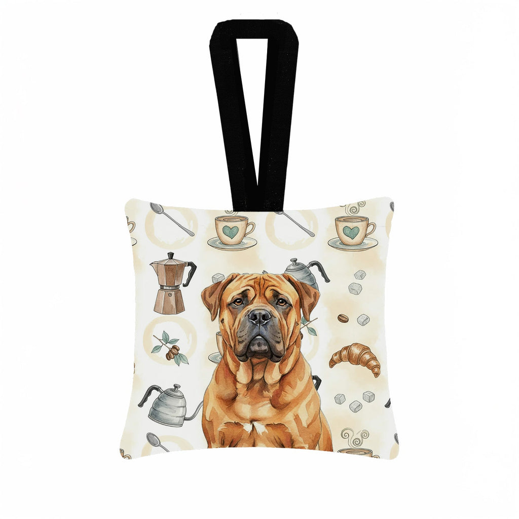 Red Bullmastiff Coffee Bar Hanging Square Fabric Ornament 3.5 � 3.5 Decorative Door-Knob & Tree Hanger, Soft Fabric