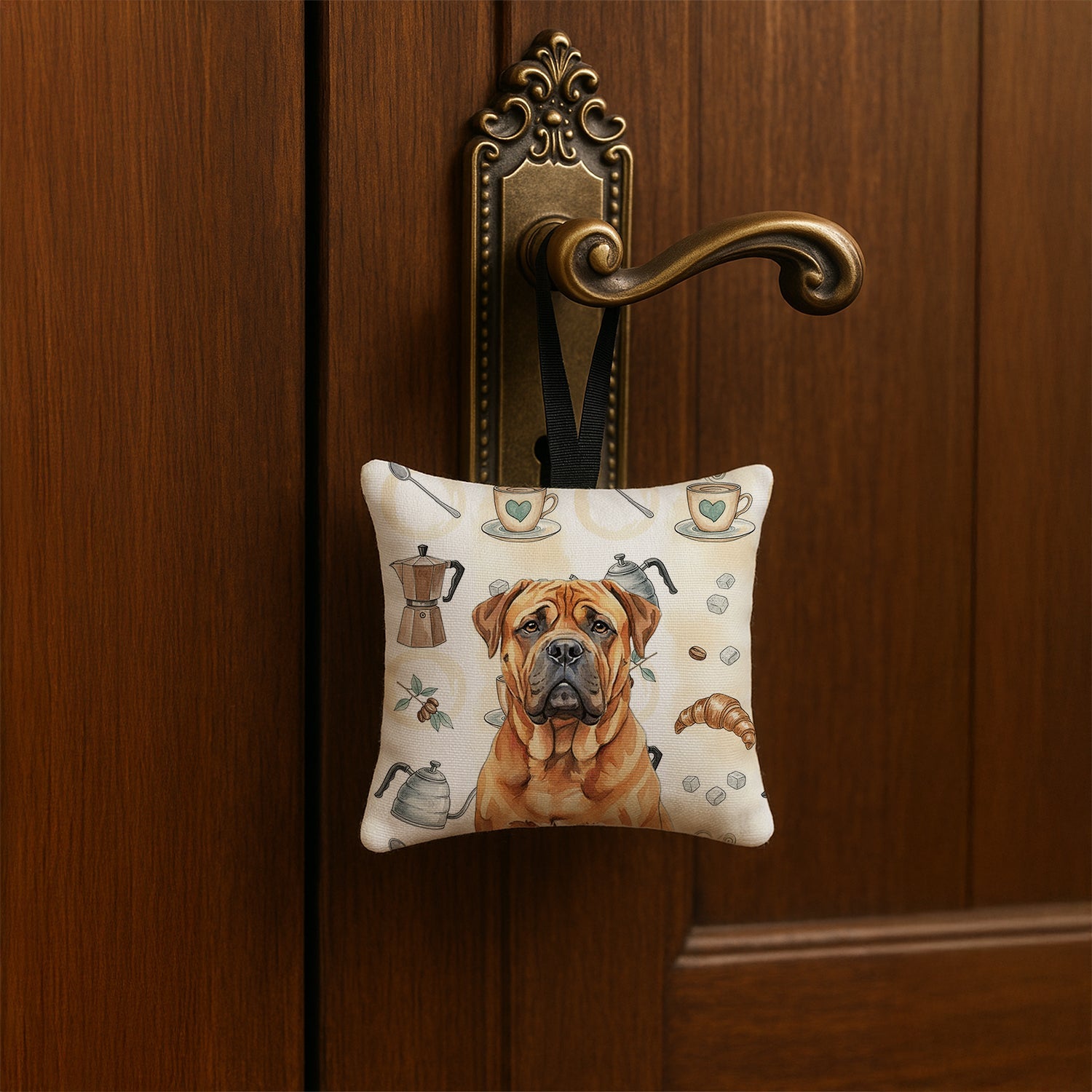 Red Bullmastiff Coffee Bar Hanging Square Fabric Ornament 3.5 � 3.5 Decorative Door-Knob & Tree Hanger, Soft Fabric