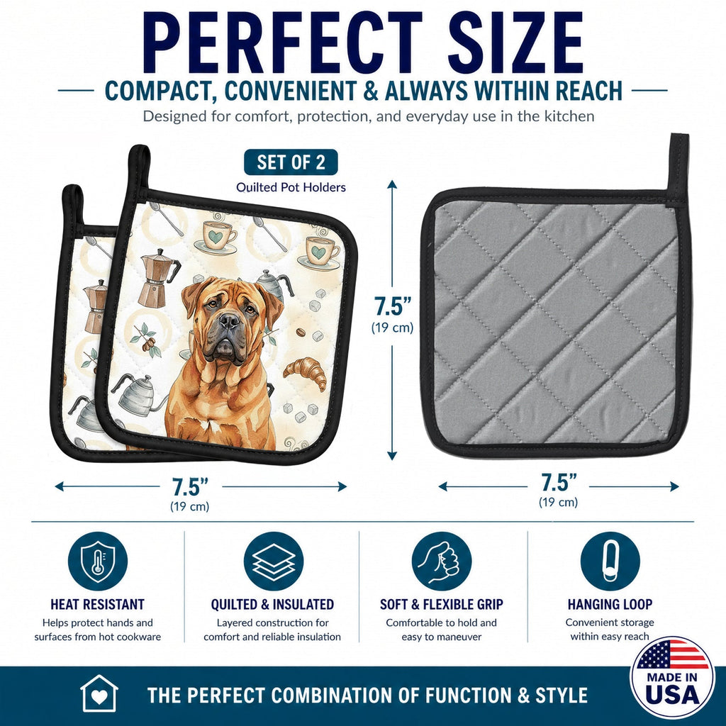 Red Bullmastiff Coffee Bar Pot Holder Set of 2 Heat Resistant Quilted Hot Pads 7.5 x 7.5 Inch, Insulated Kitchen Trivets for Cooking & Baking