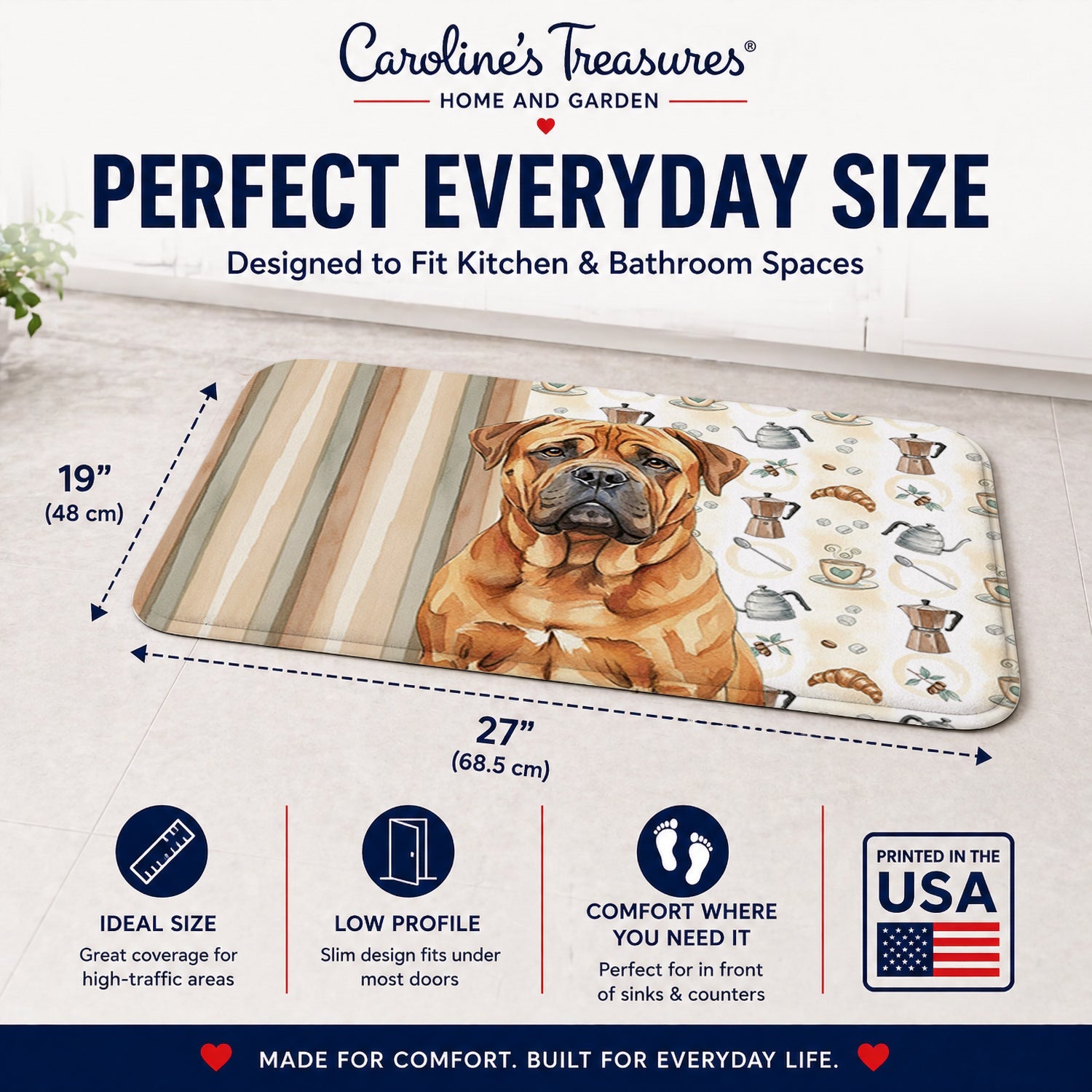 Red Bullmastiff Coffee Bar Memory Foam Kitchen Mat Machine Washable Anti-Fatigue Cushion Comfort Bath or Kitchen Rug