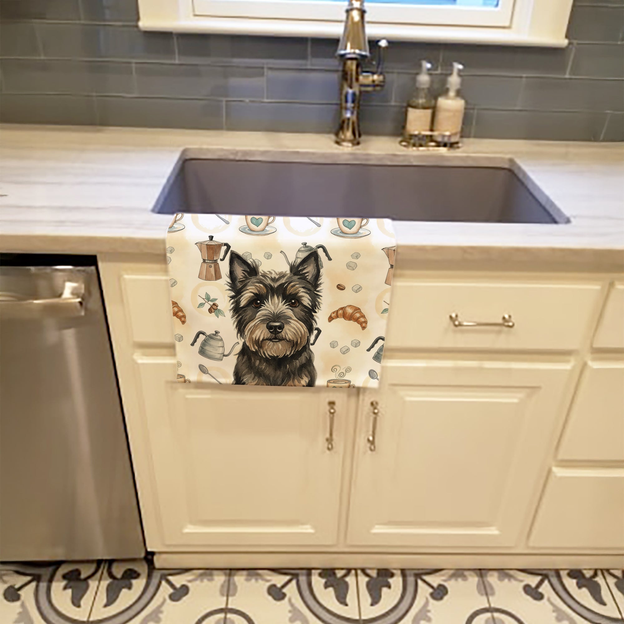 Black Cairn Terrier Coffee Bar Kitchen Towel Velour Plush Front and Cotton Loop Back Machine Washable
