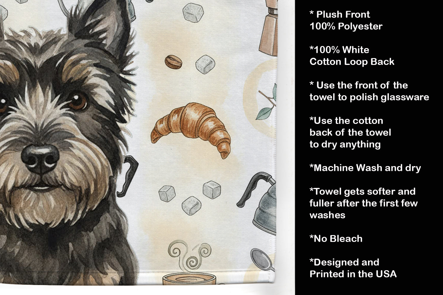 Black Cairn Terrier Coffee Bar Kitchen Towel Velour Plush Front and Cotton Loop Back Machine Washable