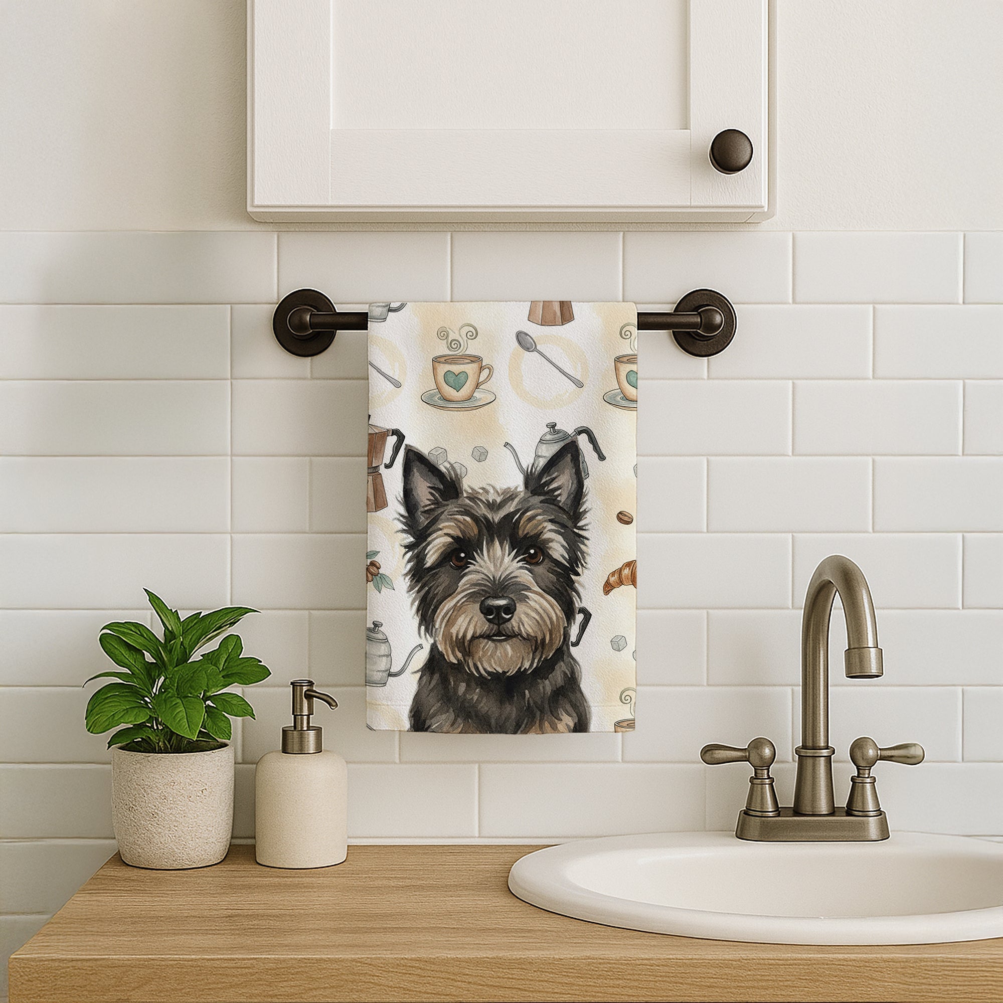 Black Cairn Terrier Coffee Bar Kitchen Towel Velour Plush Front and Cotton Loop Back Machine Washable