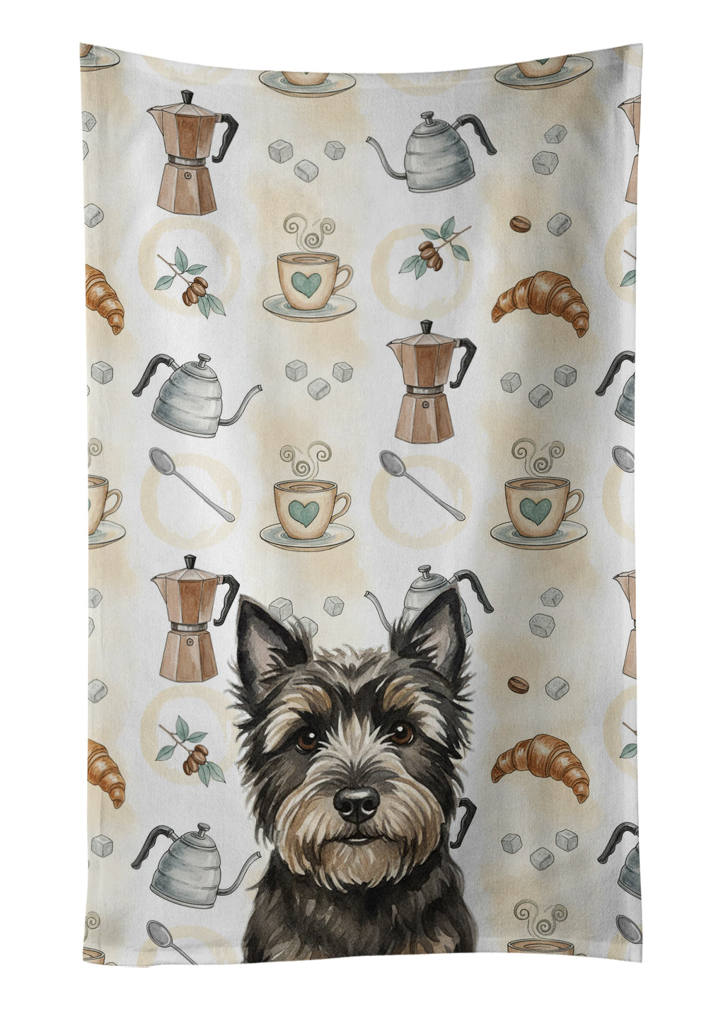 Black Cairn Terrier Coffee Bar Kitchen Towel Velour Plush Front and Cotton Loop Back Machine Washable