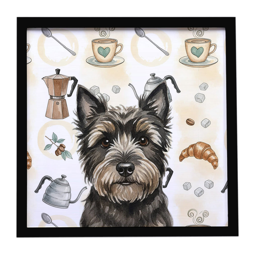 Black Cairn Terrier Coffee Bar Framed Metal Print Bathroom, Kitchen, Office, Home Decor Wall Art Ready to Hang, Square, 8X8