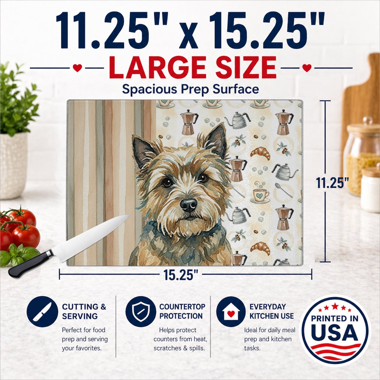 Cairn Terrier Coffee Bar Cutting Board Tempered Glass Kitchen Cutting Surface, Heat Resistant Chopping, Non-Slip Feet, Food Prep & Serving